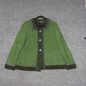 Nua Cardigan Sweater Womens XL Green Wool Silk Button Front Collared Chunky Knit